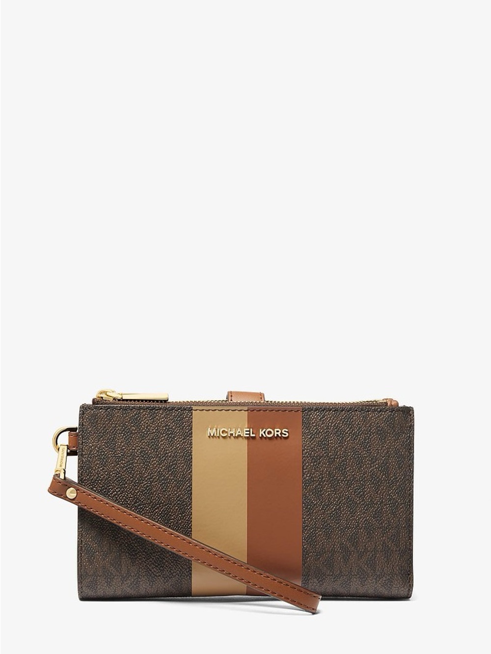 MICHAEL KORS Jet Set Large Signature Logo Stripe Smartphone Wallet | Brown